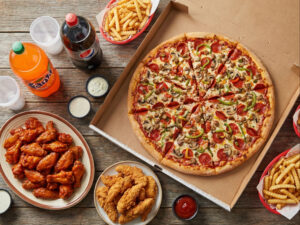 #12- 30" Pizza + 4 Toppings + 40 Wings + 20 fingers + Two Large Fries + Two 2 Liter Sodas