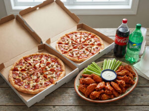 #15 -Two 18" Pizza + 2 Toppings + 40 Wings + (2) 2 Liter Soda